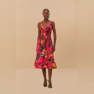 NWOT Farm Rio Leopard Flowers Cotton Midi Dress Pink Fruit Small